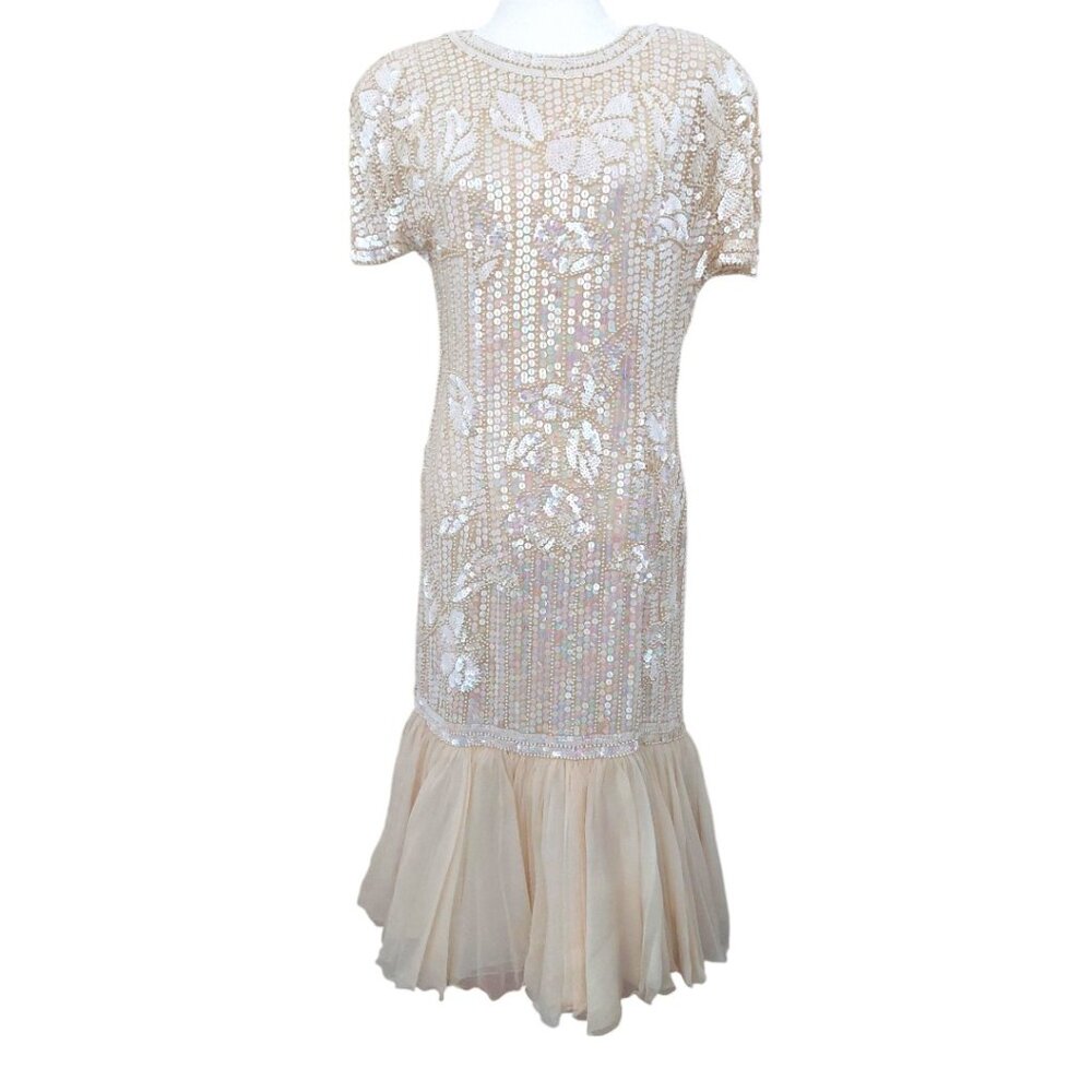 ART DECO Silk Sequin Bead Pearl EMBROIDERED Cocktail Flapper Mermaid Fairy